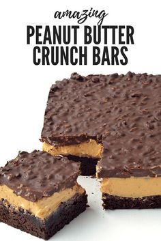 chocolate peanut butter crunch bars stacked on top of each other with text overlay reading amazing peanut butter crunch bars