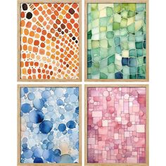 four framed pictures with different colors and shapes on them, each one has an abstract pattern