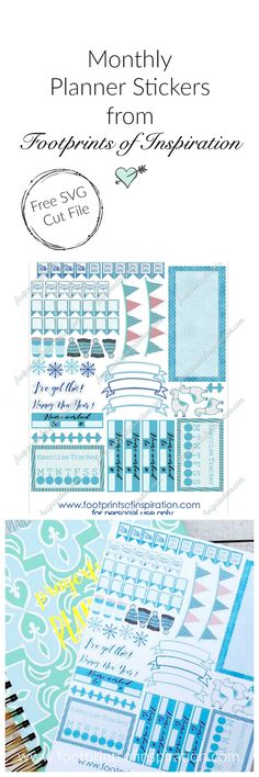 the back side of a planner sticker with blue and white designs on it, including an