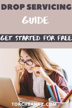 a woman sitting in front of a laptop computer with the text drop service guide get started for free