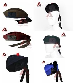 Scottish Handmade Military Piper Glengarry bonnet Hats Traditional Scott's Hat - Celtic Hat - kilt caps - Tams Berets Hats - Bagpiper Caps. Our Glengarry are made of 100% wool. Cap Are Available  Navy Blue, Dark Green, Tan, Black  Maroon And Royal Blue Colors. Equally appreciated by men and women.  This Handmade Fully Lined Glengarry with 2 straight hanging black polyester strips is an essential accessory to your parade outfit or These Glengarry's Cap Comes Great Looks with family tartan kilts. Glengarry Badges and Hackles are available in wide range of selection. Please measure your head and consult the chart below. Use a soft, flexible tape measure and measure around your head just above the ears. Measure comfortably, not too tight. Shipping and Handling:   Ship 5 to 7 Business Days. Ret Scottish Hats Women, Scottish Hat, Kilt Belt, Tam O' Shanter, Semi Dresses, Leather Kilt, Bonnet Cap, Tartan Scarf, Bonnet Hat