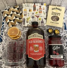 an assortment of liquors and condiments in a basket