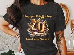 40th Birthday Custom Name T-shirt, Personalized Milestone Celebration Tee, Elegant Gold Balloon Design, Party Favor Top - Etsy Balloon Design, Gold Balloons, Party Favor, Custom Name, Funny Shirts, Clothing Items