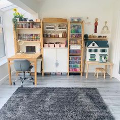 a living room filled with furniture and lots of shelves