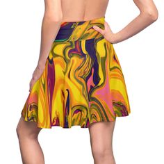 Embrace the pulsating rhythm of your favorite beats with our Golden Pink Vibes Skater Skirt. This vibrant skater skirt captures the spirit of music festivals and raves with its energetic, golden-hued psychedelic design. Made from a luxe blend of 95% polyester and 5% spandex, it offers a versatile fit and 4-way stretch for ultimate comfort and freedom of movement. The 4" wide high-rise elastic waistband adds a flattering, comfortable fit to your festival look, ensuring all-night dancing bliss. Experience the euphoria of your music-filled nights in style. #VivigGoldenVibes #EDMFashion #RaveReady #FestivalStyle #MusicLoversSkirt Rave Mini Skirt For Spring, Spring Rave Fitted Skirt, Fitted Rave Mini Skirt For Spring, Fitted Rave Skirt For Spring, Spring Fitted Rave Skirt, Retro Fitted Skirt For Festival, Summer Rave Mini Skirt, Summer Festival Rave Skirt, Rave Festival Skirt With Stretch