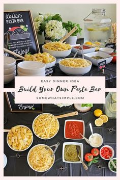 a table full of different types of pasta and condiments with the words, easy dinner idea build your own pizza bar