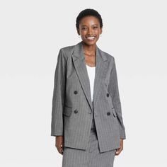 Women's Double Breasted Blazer - A New Day™ Gray Pinstripe M : Target Casual Blazer With Lapel Collar For Career, Casual Button-up Career Blazer, Casual Single-breasted Career Blazer, Casual Button-up Blazer For Career, Spring Professional Blazer With Pockets, Casual Career Blazer With Button Closure, Professional Spring Blazer With Pockets, Womens Tailored Suit, Womens Oversized Blazer