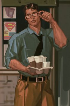 a man in glasses is holding coffee cups