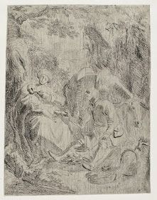 an old drawing of people and animals in a wooded area, with one person looking at another