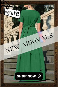 Solid Pleated Notch Neck Short Sleeve Maxi Dress with Belt Green Short Sleeve Maxi Dress For Fall, Fall Green Maxi Dress With Short Sleeves, Casual Green Belted Dress, Casual Solid Maxi Dress With Tie Waist, Maxi Dress With Belt, Short Sleeve Maxi Dress, Short Sleeve Maxi Dresses, Dress With Belt, Sleeve Maxi Dress