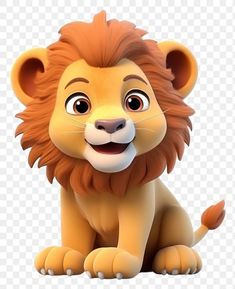 a cartoon lion sitting down with his eyes wide open, looking at the camera and smiling