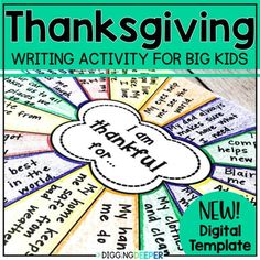 the thanksgiving writing activity for big kids is shown in green and white with words on it