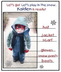 a poster with an image of a young boy wearing sunglasses and a snowman's boots