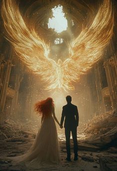 a man and woman holding hands in front of an angel's wings above them