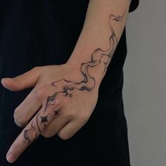 a person's hand with a tattoo on it, which is shaped like a wave