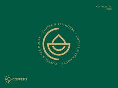 the coffee and tea house logo is shown on a green background with gold foil lettering