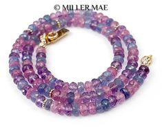 "* 115 Carats Total Gemstone Weight * Mixture of Faceted Tanzanite (Blue-Purple); Rubellite (Pin Sapphires); and Amethyst (Purple) Gemstones * 100% Natural & Untreated * 14k Gold Vermeil Spacer Beads * 14k Gold Filled Spring Ring Clasp TANZANITE has been found in only one location in the world - in the hills of Tanzania, East Africa.  The stone's hue ranges from a sapphire blue to a deep violet.  Tanzanite is said to be a very calming and soothing stone, and is supposed to be great in aiding wit Beaded Necklace Purple, Purple Gemstones, Necklace Purple, Gemstone Beaded Necklace, Amethyst Purple, East Africa, Blue Gemstones, Sapphire Blue, Pink Stone