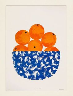 an oranges in a blue bowl on a white background with black dots and stars