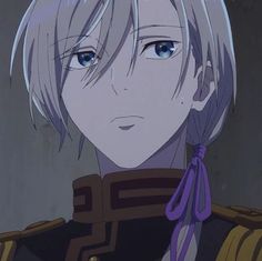 an anime character with blonde hair and blue eyes looks at the camera while wearing a uniform