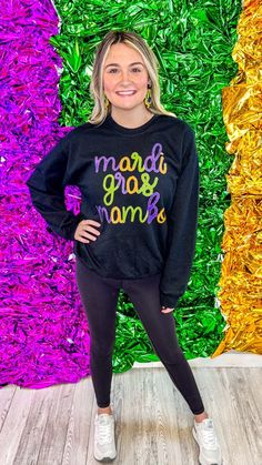 Mardi Gras Mambo Faux Embroidered Sweatshirt Mardi Gras Tops For Women, Mardi Gras Jean Jacket, Mardi Gras Jacket, Mardi Gras Krewe Shirts, Mardi Gras Sweatshirt, Personalized Hangers, Beach Towel Blanket, Kids Cups, Football Kids