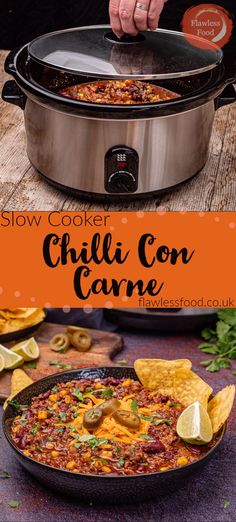 slow cooker chili con carne with tortilla chips