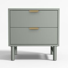 a grey and gold dresser with two drawers on one side, against a white background