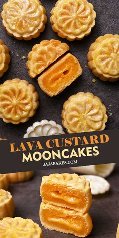 several small mooncakes on a table with the words lava custard mooncakes above them