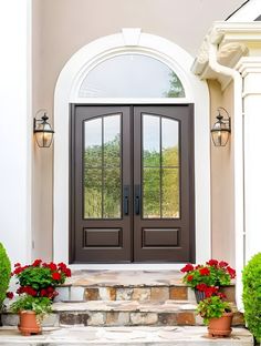 two potted flowers sit on the steps in front of a double door with sidelights