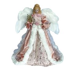 an angel figurine with pink and white fur on it's wings, holding a plant