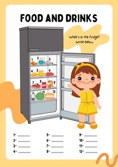 a girl standing in front of an open refrigerator with food and drinks on the door