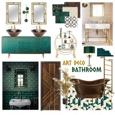 the bathroom is decorated in green and gold with an art deco theme on the wall