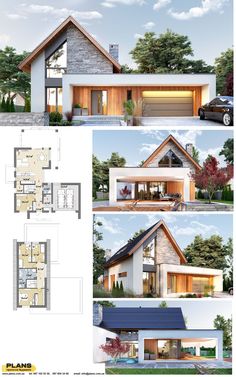 two story house plan with garage and living room in the front, one bedroom on the second