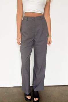 Charcoal / S Trendsetting Poise High Rise Pleated Pants - FINAL SALE - Madison and Mallory Business Casual Bottoms With Pockets, Full Length, High Waist Bottoms For Business Casual In Relaxed Fit, High Waist Bottoms With Relaxed Fit For Business Casual, Chic High Waist Jeans With Welt Pockets, Trendy High Waist Jeans For Business Casual, High Waist Tailored Bottoms With Pockets, Gray High-waist Office Pants, Gray High Waist Pants For Office, Gray High Waist Office Pants