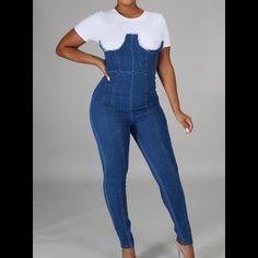 Stretch Denim Back Zip Closure 80% Cotton 17% Polyester 3% Spandex Contrast (94% Cotton 6 % Spandex) High Rise Stretch Denim Jumpsuit, Stretch Denim Blue Overalls, Trendy Stretch Blue Denim Jumpsuit, Trendy Blue Stretch Denim Jumpsuit, Blue Stretch Denim Jumpsuits And Rompers, Casual Stretch Denim Blue Overalls, Stretch Denim Overalls In Blue, Stretch Denim Blue Jumpsuit Overall, Stretch Medium Wash Overalls