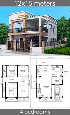 two story house plan with floor plans and measurements for each room in the house, it has