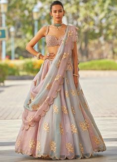 Pink and Grey Applique Lehenga With Sequinned Blouse Vvani by Vani Vats - Fabilicious Fashion Flower Lehenga, Dusty Pink Blouse, Grey Lehenga, Vani Vats, Ash Pink, Lehenga Designs Simple, Pink Lehenga, Indian Dresses Traditional, Indian Wedding Wear