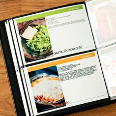 an open recipe book on a wooden table