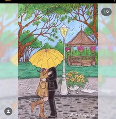 a drawing of two people kissing under an umbrella