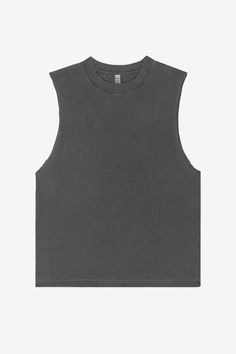 A sleeveless, cutoff version of our bestselling 1801GD Garment Dye T-shirt. This unisex muscle tank features a crew neckline with deep, raw-hemmed sleeves. Made of 100% USA cotton, this textile is beefy, durable, and absorbent, and is virtually shrink free as a result of garment dyeing. The garment is washed with natural enzymes, resulting in a broken-in feel, just like a T-shirt that was washed or worn for a decade or two. Made in Los Angeles, Calif. Our experienced sewers earn up to $25 an hou Sleeveless Cotton Tops With Relaxed Fit, Summer Washed Muscle Tee With Relaxed Fit, Basic Sleeveless Muscle Tee For Summer, Relaxed Fit Sleeveless Muscle Tee For Summer, Basic Relaxed Fit Muscle Tee For Summer, Cotton Muscle Tee For Summer, Casual Washed Muscle Tee With Crew Neck, Casual Tank Top With Relaxed Fit And Dropped Armholes, Relaxed Fit Sleeveless Cotton Vest