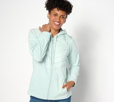 Cozy does it! A mix of soft knit and cushy quilting makes this hoodie jacket motivation for more outside time. From Sport Savvy. Quilted Hoodie, Levis Jean Jacket, Scrub Jackets, Pleated Jacket, Gore Tex Jacket, Hoodie Green, Mix Media, Fresh Mint, Faux Fur Jacket