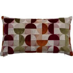 a rectangular pillow with circles on it in red, beige and green colors is shown