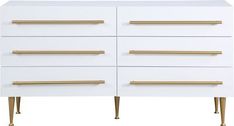 a white dresser with gold handles and drawers