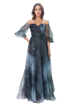 3/4 Puff Sleeve Organza Gown Organza Evening Dress With Pleated Bodice, Blue Organza Ball Gown For Evening, Pre-draped Organza Evening Gown, Blue Organza Ball Gown For Gala, Ruched Bodice Organza Evening Dress, Formal Gown With Sweetheart Neckline And Pre-draped Style, Formal Pre-draped Gown With Sweetheart Neckline, Organza Evening Gown With Ruched Bodice, Blue Organza Evening Dress