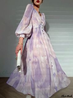 Olivia Mark - Elegant Chiffon Dress with Abstract Regular Fit Silk Long Dress, Women's A Line Dresses, Silk Dress Long, Party Kleidung, Elegant Dresses For Women, Types Of Dresses, Tie Dye Print, Purple Dress, Fall Dresses