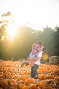 a man holding a woman while standing in a field of pumpkins with the sun behind them