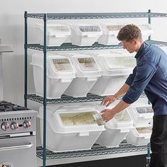 Organize your frequently-used baking ingredients and access them with ease with the help of this Baker's Mark 18" x 72" ingredient bin epoxy shelving kit with 15 bins! Ideal for any restaurant, bakery, cafe, or bistro kitchen's dry storage space, this unit comes with 15 ingredient storage bins in 3 different sizes for enhanced versatility. Perfect for any establishment that may have a more limited menu filled with specific ingredients, this unit ensures these ingredients will be on hand at all t Ingredient Storage, Food Rotation, Hotel Operations, Bistro Kitchen, Mobile Shelving, Shelf Bins, Bakery Kitchen, Wire Shelves, Service Kitchen