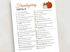 a printable thanksgiving drinking game with pumpkins on it and the words, friendsizing drink if