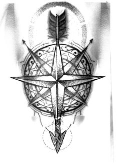 a pen and ink drawing of a compass with an arrow on it's side