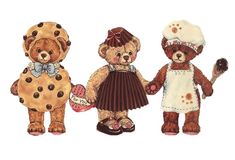 three teddy bears are dressed up as chefs and bakers, one is holding a spoon