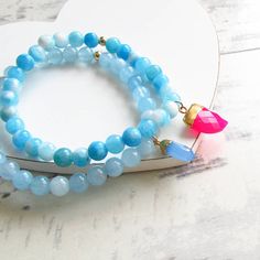 Azure Aqua Jade Gemstone Bracelet Gemstone Beaded Bracelet Bracelets Business, Summer Jewellery, Pink Charm, Bracelet Stacking, Blue Jade, Gold Caps, Jade Gemstone, Bracelet Blue, Bracelet Gemstone